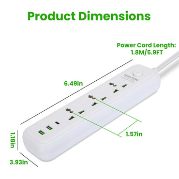 1Pc Power Strip With 6FT Extension Cord 3 AC Outlets And 2 USB A Ports 1 USB C Port 2500W Wall Mount Outlet Extender For Home Office Dorm Travel