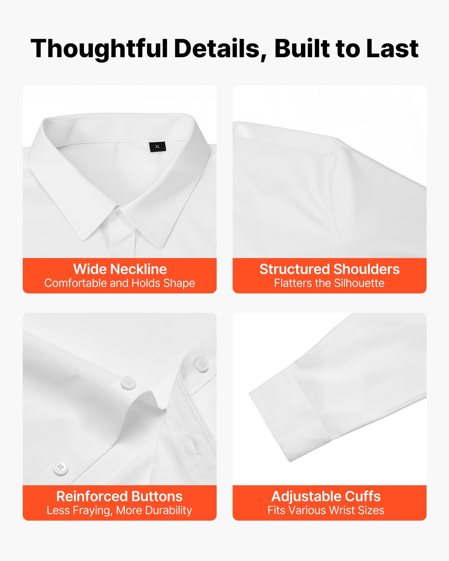 Men's Button Up Shirt, Mens Long Sleeve Wrinkle-free Button Down Dress Shirts, Slim Fit Soft Stretch Fabric For Business Casual Or Formal, Work, Wedding, Dinner, White, XL Size