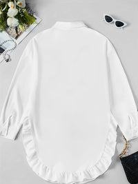 Women's Plus Size Casual Shirt With Ruffle Hem, Solid Color, Woven Polyester, Non-Stretch, Pointed Collar, Button Front, For All Seasons