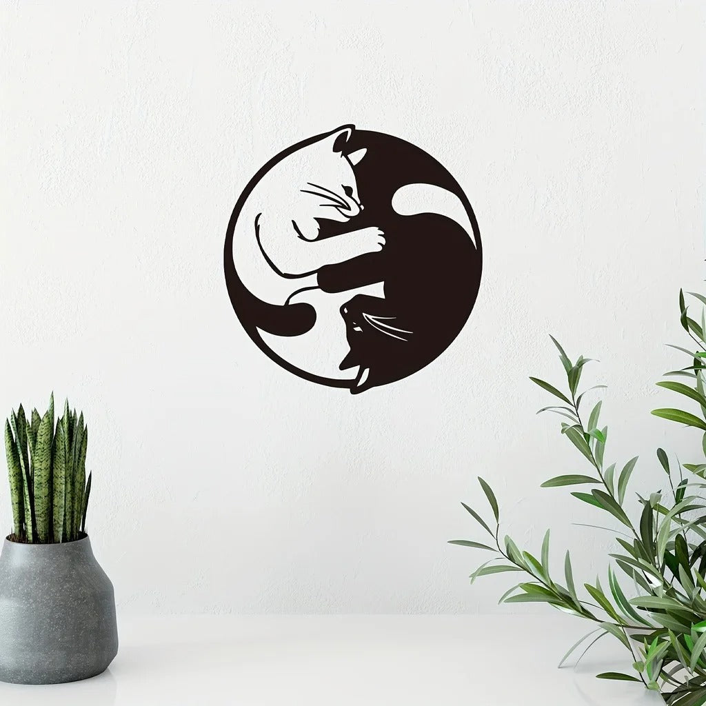 Metal Yin Yang Cat Wall Art Sculpture, Handmade Indoor