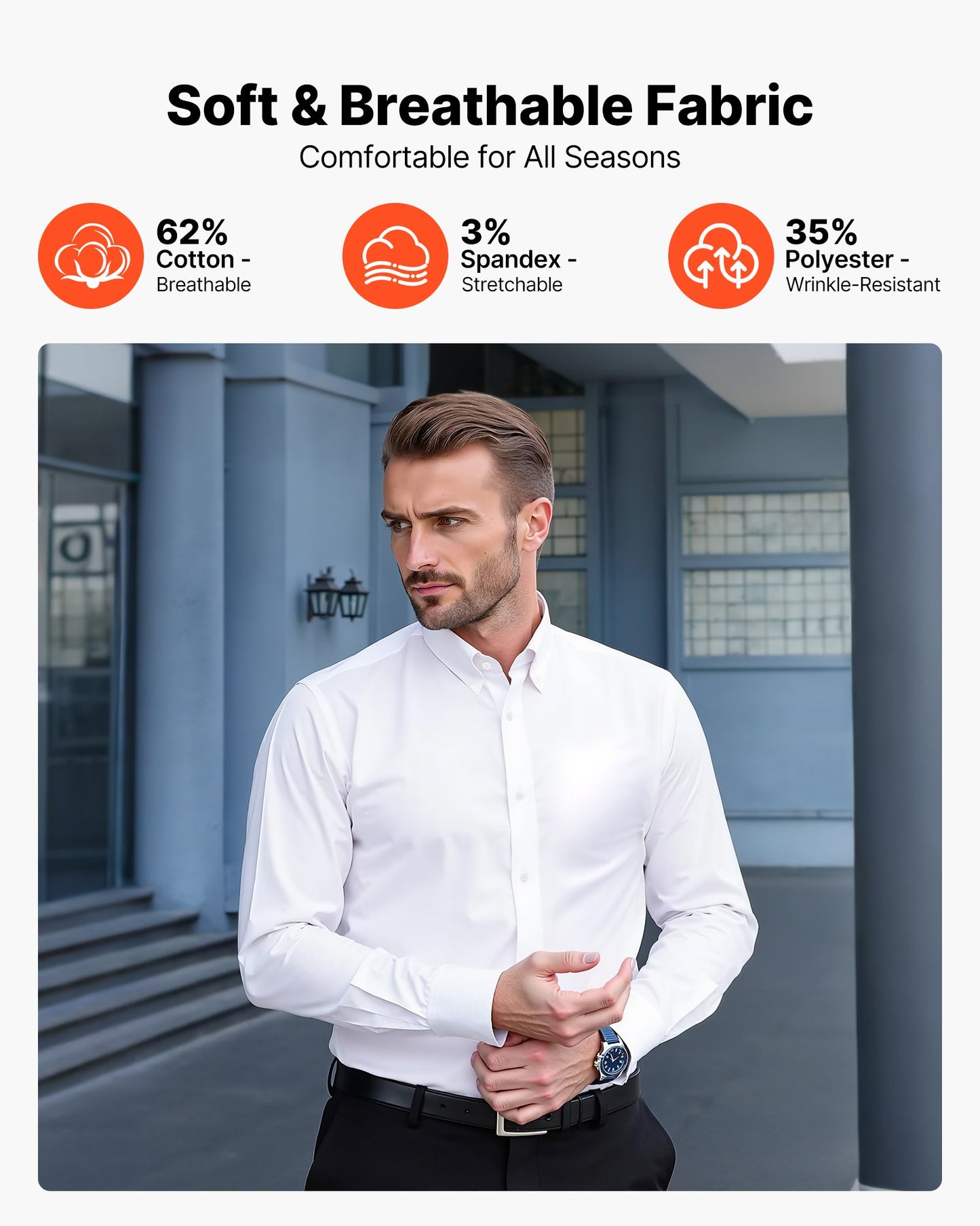 Men's Button Up Shirt, Mens Long Sleeve Wrinkle-free Button Down Dress Shirts, Slim Fit Soft Stretch Fabric For Business Casual Or Formal, Work, Wedding, Dinner, White, XL Size