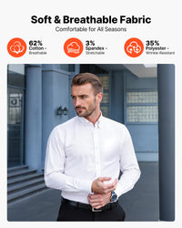 Men's Button Up Shirt, Mens Long Sleeve Wrinkle-free Button Down Dress Shirts, Slim Fit Soft Stretch Fabric For Business Casual Or Formal, Work, Wedding, Dinner, White, XL Size