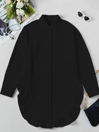 Women's Plus Size Casual Shirt With Ruffle Hem, Solid Color, Woven Polyester, Non-Stretch, Pointed Collar, Button Front, For All Seasons