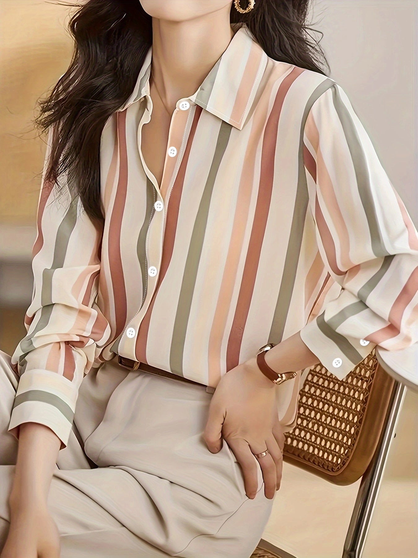 Ladies' Long-sleeved Striped Printed Versatile Casual Shirt