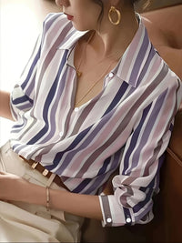 Ladies' Long-sleeved Striped Printed Versatile Casual Shirt
