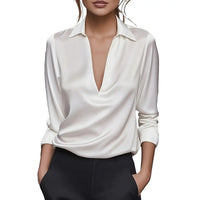 Elegant Women's V-Neck Long Sleeve Blouse With Satin Sheen Solid Color Formal Shirt For Spring Fall