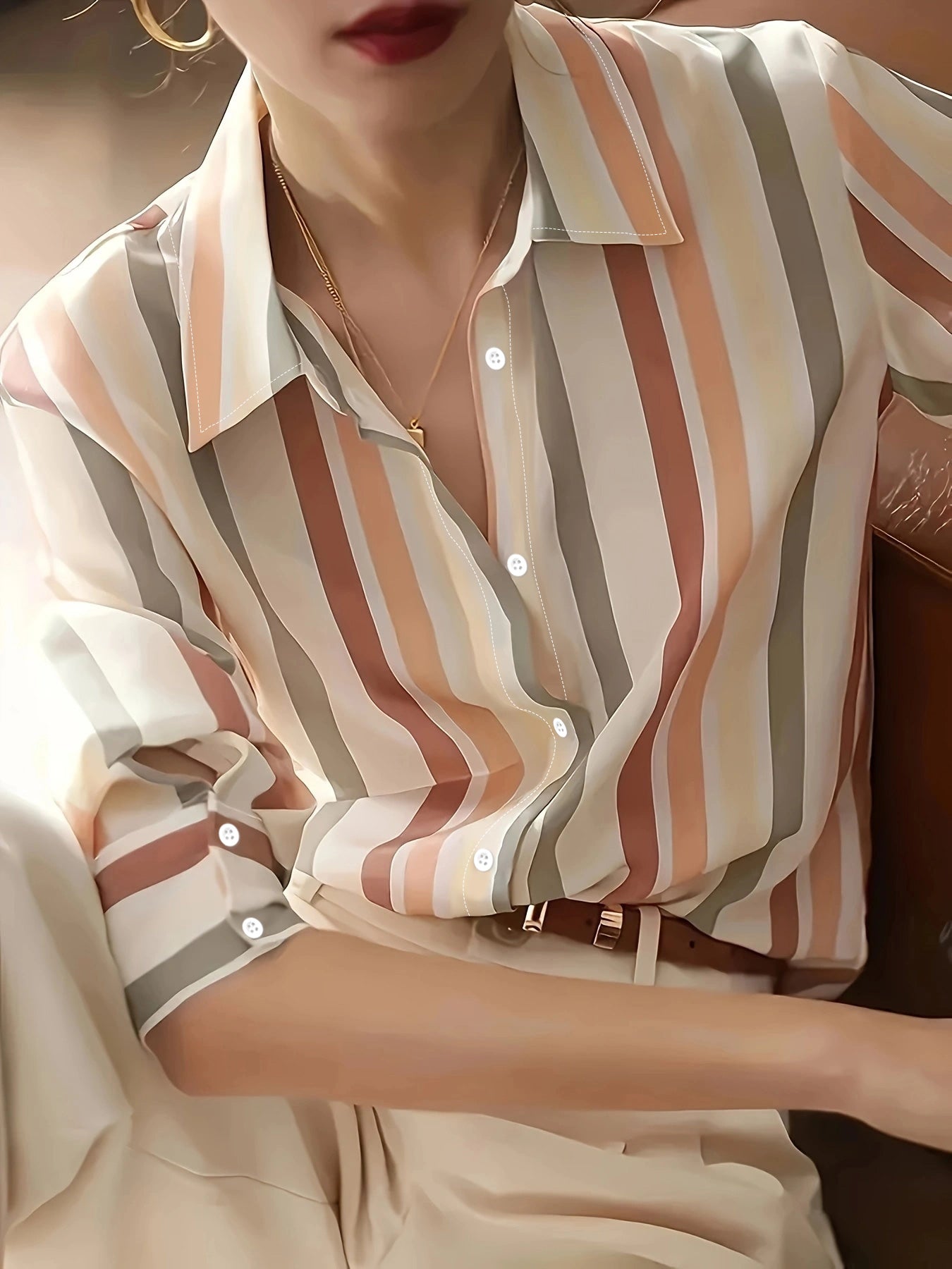 Ladies' Long-sleeved Striped Printed Versatile Casual Shirt