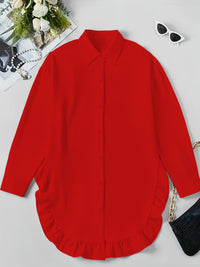 Women's Plus Size Casual Shirt With Ruffle Hem, Solid Color, Woven Polyester, Non-Stretch, Pointed Collar, Button Front, For All Seasons