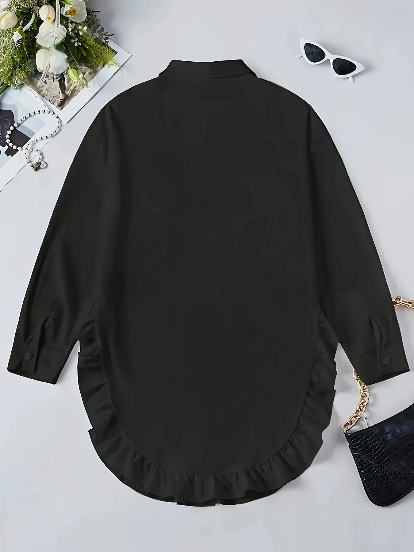 Women's Plus Size Casual Shirt With Ruffle Hem, Solid Color, Woven Polyester, Non-Stretch, Pointed Collar, Button Front, For All Seasons