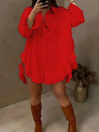 Women's Plus Size Casual Shirt With Ruffle Hem, Solid Color, Woven Polyester, Non-Stretch, Pointed Collar, Button Front, For All Seasons